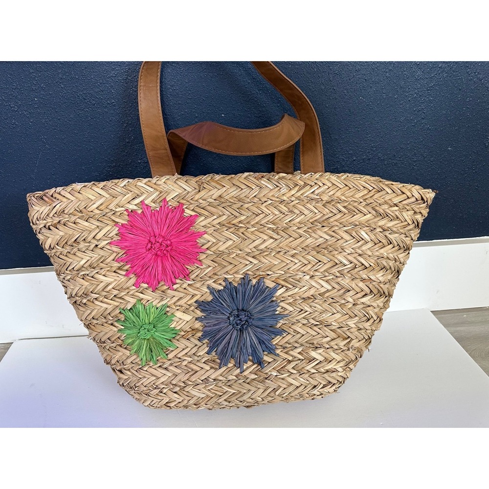 Woven Straw Tote Bag Womens Large Tan Good Floral Raffia Beach Bag